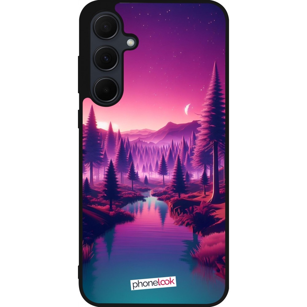 Coque Samsung Galaxy A55 5G - Silicone rigide noir Paysage Violet-Rose
