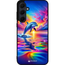 Coque Samsung Galaxy A56 - Silicone rigide noir Dauphin arc-en-ciel heureux