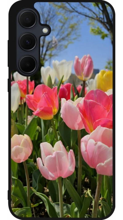 Coque Samsung Galaxy A56 - Silicone rigide noir Tulips 2026