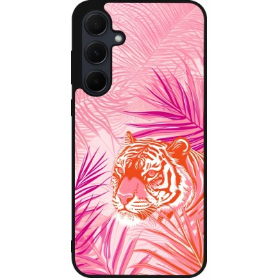 Coque Samsung Galaxy A56 - Silicone rigide noir Tigre palmiers roses