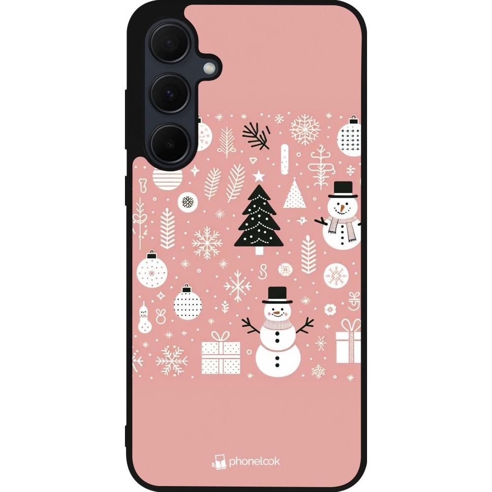 Coque Samsung Galaxy A56 - Silicone rigide noir Noël 2024 Rose Snowman Christmas