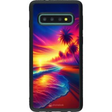 Coque Samsung Galaxy S10 - Silicone rigide noir Plage coucher soleil flashy