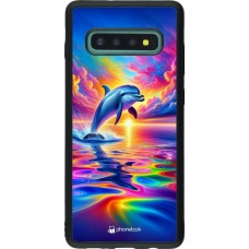Coque Samsung Galaxy S10+ - Silicone rigide noir Dauphin arc-en-ciel heureux