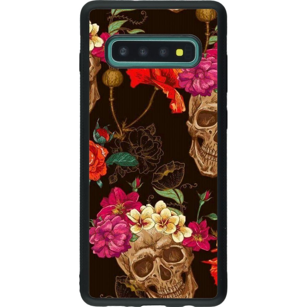 Hülle Samsung Galaxy S10+ - Silikon schwarz Skulls and flowers