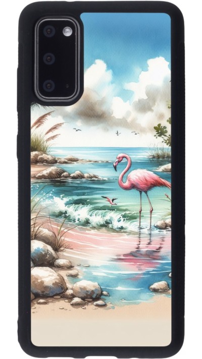 Coque Samsung Galaxy S20 - Silicone rigide noir Flamant rose aquarelle