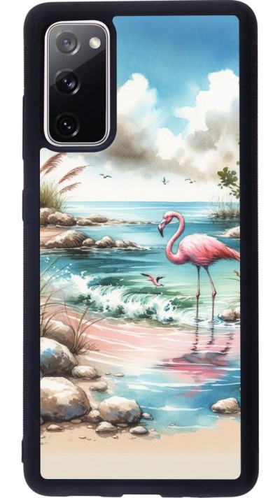 Coque Samsung Galaxy S20 FE 5G - Silicone rigide noir Flamant rose aquarelle