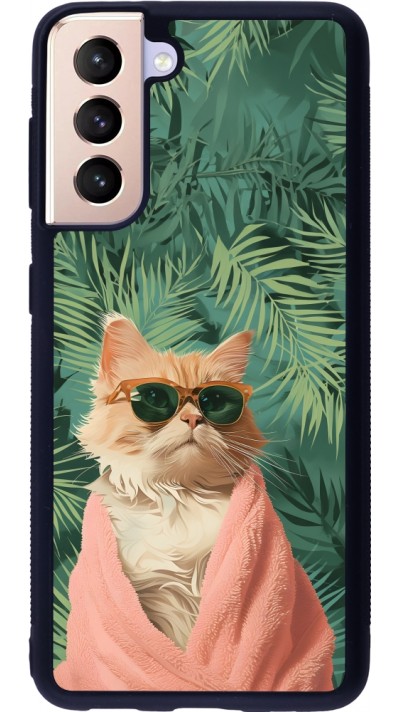 Coque Samsung Galaxy S21 5G - Silicone rigide noir Cat Summer Palms