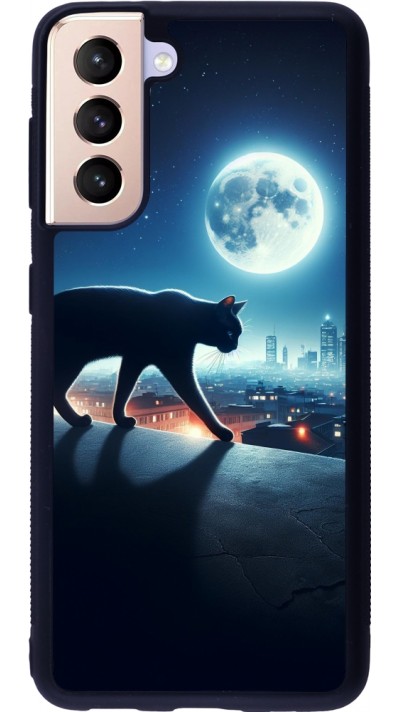 Coque Samsung Galaxy S21 5G - Silicone rigide noir Chat noir sous la pleine lune