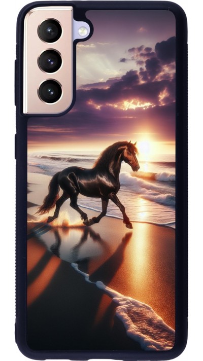 Coque Samsung Galaxy S21 5G - Silicone rigide noir Cheval majestueux plage