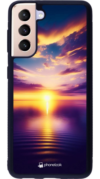 Coque Samsung Galaxy S21 5G - Silicone rigide noir Coucher soleil jaune violet