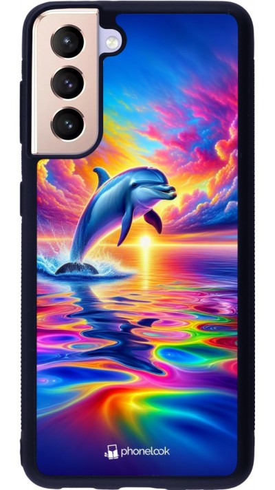 Coque Samsung Galaxy S21 5G - Silicone rigide noir Dauphin arc-en-ciel heureux