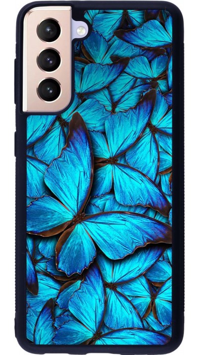 Coque Samsung Galaxy S21 5G - Silicone rigide noir Papillon - Bleu