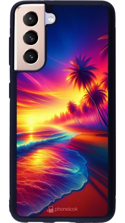 Coque Samsung Galaxy S21 5G - Silicone rigide noir Plage coucher soleil flashy