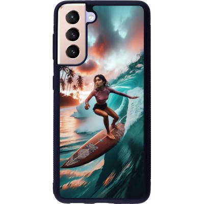 Coque Samsung Galaxy S21 5G - Silicone rigide noir Surfeuse Balinaise