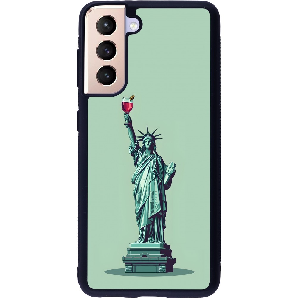 Samsung Galaxy S21 5G Case Hülle - Silikon schwarz Freiheitsstatue mit einem Glas Wein