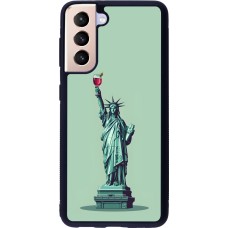 Samsung Galaxy S21 5G Case Hülle - Silikon schwarz Freiheitsstatue mit einem Glas Wein