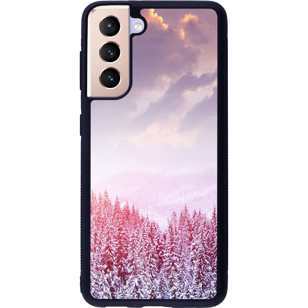 Coque Samsung Galaxy S21 5G - Silicone rigide noir Winter 22 Pink Forest