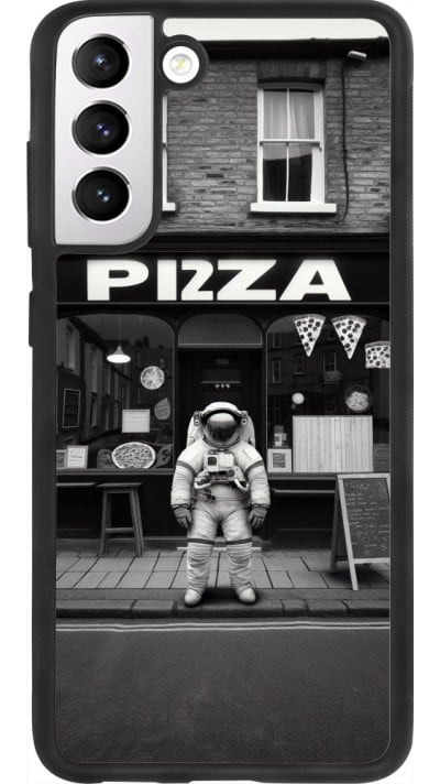 Coque Samsung Galaxy S21 FE 5G - Silicone rigide noir Astronaute devant une Pizzeria