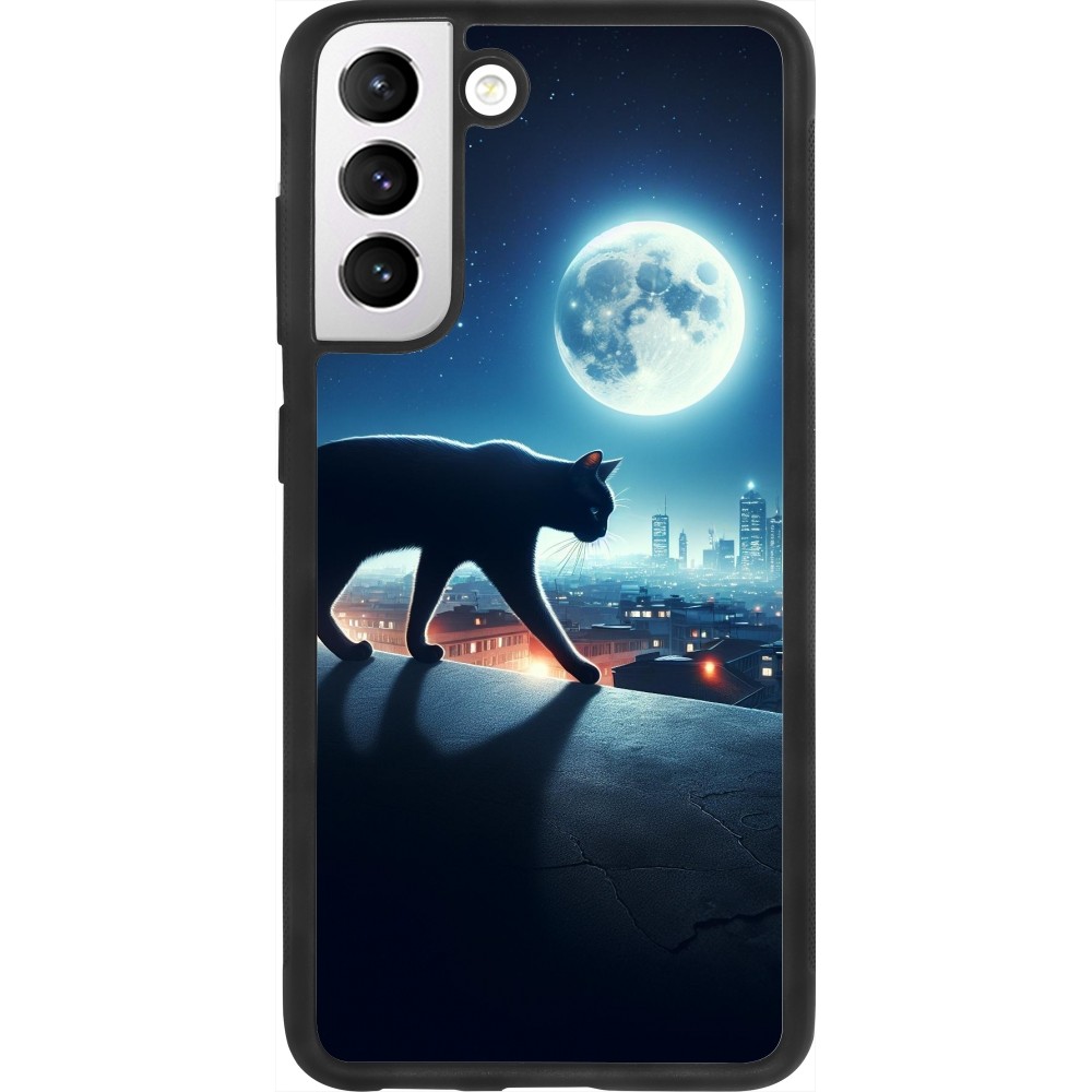 Coque Samsung Galaxy S21 FE 5G - Silicone rigide noir Chat noir sous la pleine lune
