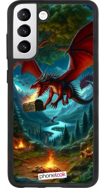 Coque Samsung Galaxy S21 FE 5G - Silicone rigide noir Dragon Volant Forêt Trésor