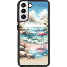 Coque Samsung Galaxy S21 FE 5G - Silicone rigide noir Flamant rose aquarelle