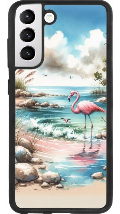 Coque Samsung Galaxy S21 FE 5G - Silicone rigide noir Flamant rose aquarelle