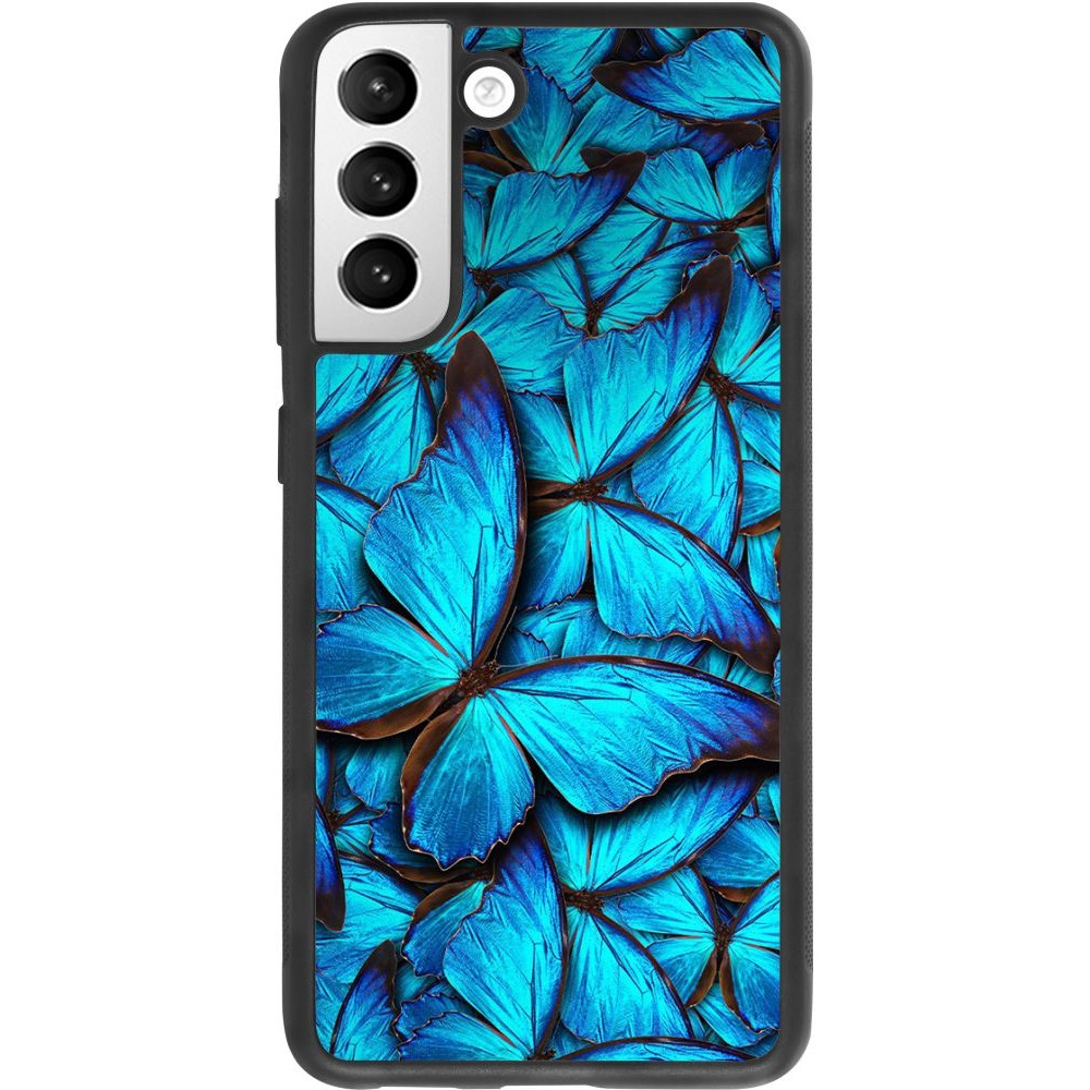 Coque Samsung Galaxy S21 FE 5G - Silicone rigide noir Papillon - Bleu