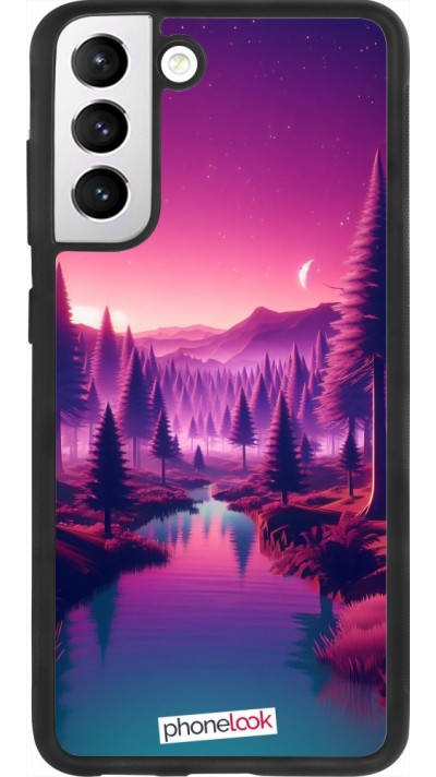 Coque Samsung Galaxy S21 FE 5G - Silicone rigide noir Paysage Violet-Rose
