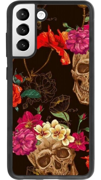 Coque Samsung Galaxy S21 FE 5G - Silicone rigide noir Skulls and flowers
