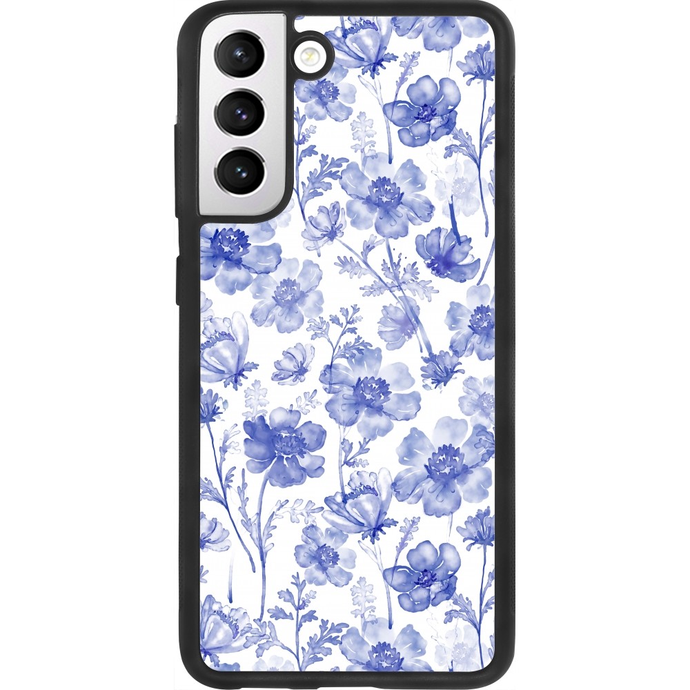 Samsung Galaxy S21 FE 5G Case Hülle - Silikon schwarz Spring 23 watercolor blue flowers