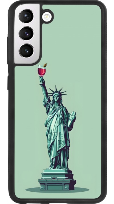 Coque Samsung Galaxy S21 FE 5G - Silicone rigide noir Wine Statue de la liberté avec un verre de vin