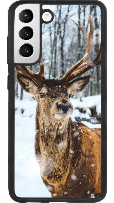 Coque Samsung Galaxy S21 FE 5G - Silicone rigide noir Winter 22 Cerf sous la neige