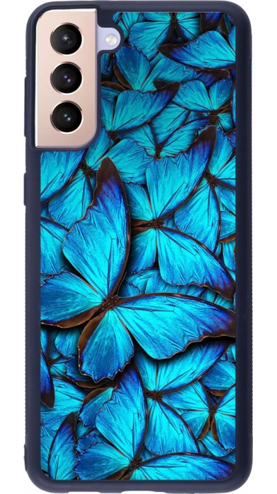 Coque Samsung Galaxy S21+ 5G - Silicone rigide noir Papillon - Bleu