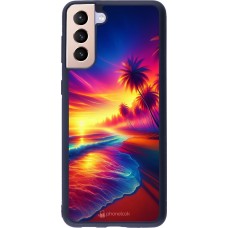 Coque Samsung Galaxy S21+ 5G - Silicone rigide noir Plage coucher soleil flashy