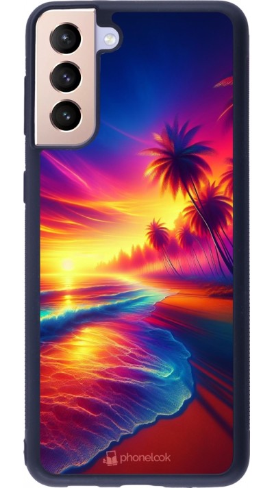 Coque Samsung Galaxy S21+ 5G - Silicone rigide noir Plage coucher soleil flashy