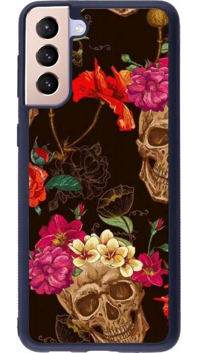 Coque Samsung Galaxy S21+ 5G - Silicone rigide noir Skulls and flowers