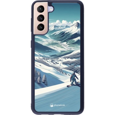 Coque Samsung Galaxy S21+ 5G - Silicone rigide noir Snowboarder Montagne