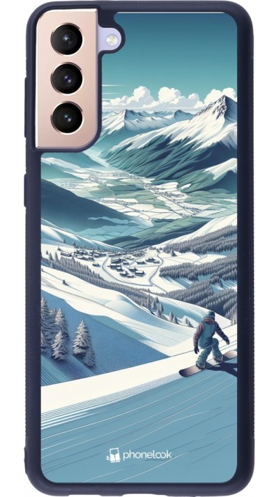 Coque Samsung Galaxy S21+ 5G - Silicone rigide noir Snowboarder Montagne