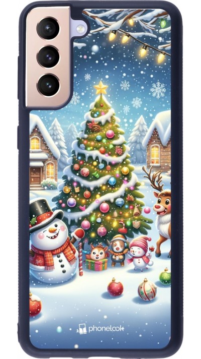 Coque Samsung Galaxy S21+ 5G - Silicone rigide noir Noël 2023 bonhomme de neige et sapin