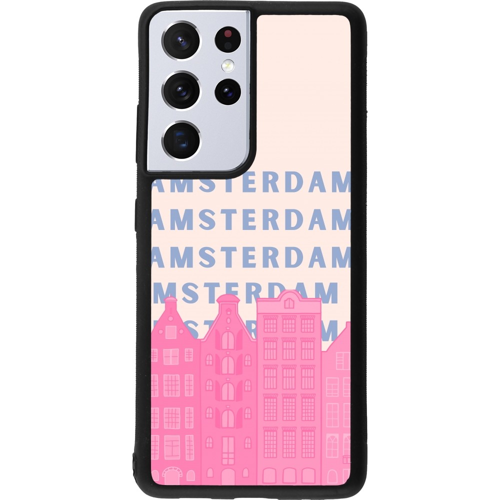 Coque Samsung Galaxy S21 Ultra 5G - Silicone rigide noir Amsterdam Pink Print