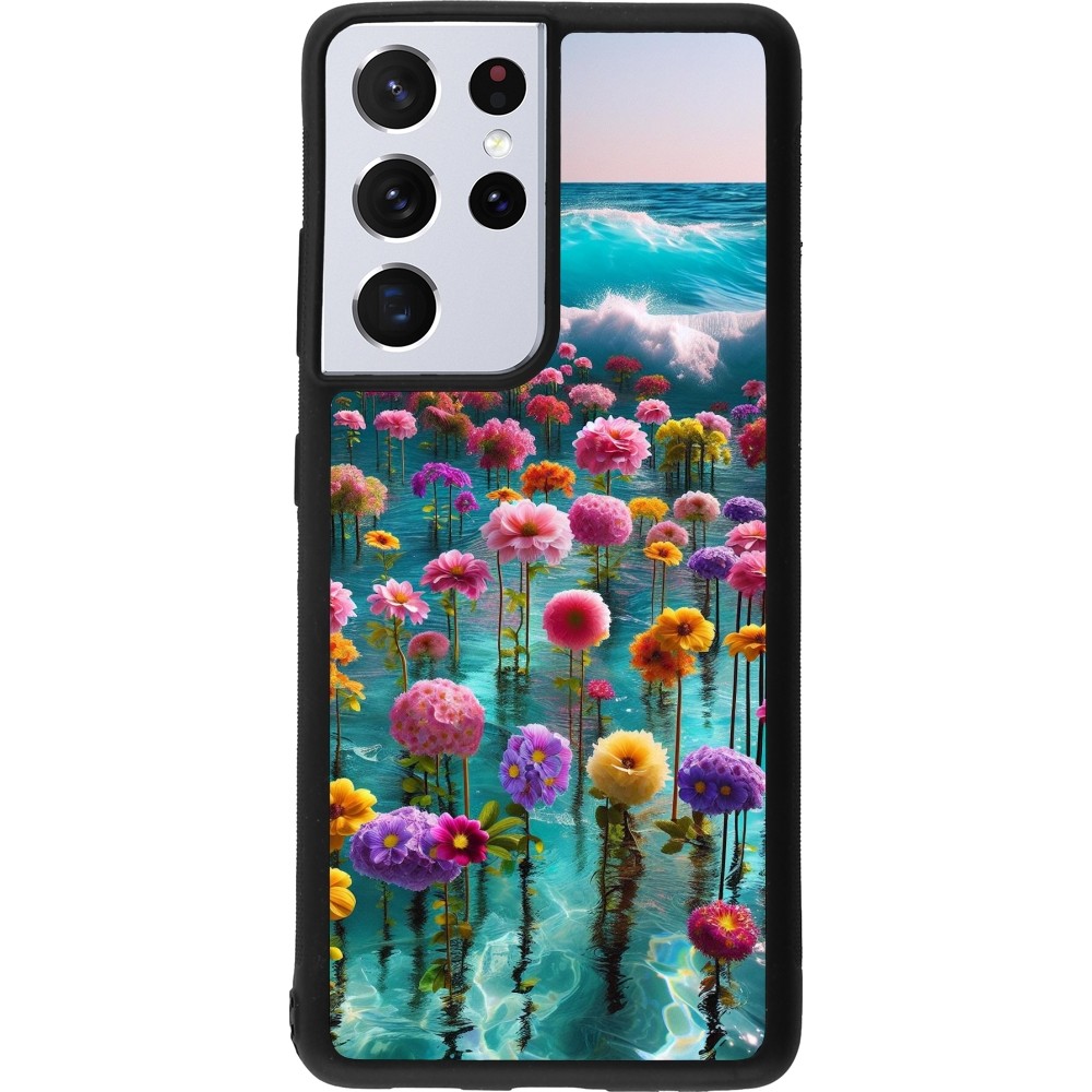 Coque Samsung Galaxy S21 Ultra 5G - Silicone rigide noir Flower sea waves