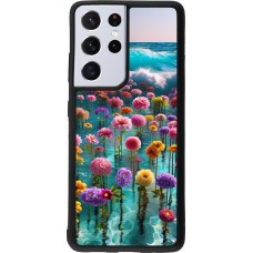 Coque Samsung Galaxy S21 Ultra 5G - Silicone rigide noir Flower sea waves