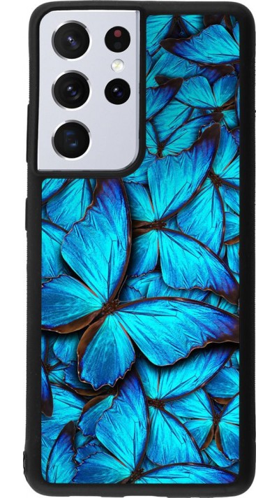 Coque Samsung Galaxy S21 Ultra 5G - Silicone rigide noir Papillon - Bleu