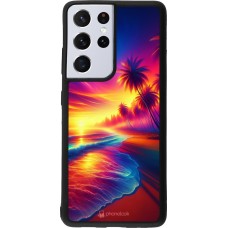 Coque Samsung Galaxy S21 Ultra 5G - Silicone rigide noir Plage coucher soleil flashy