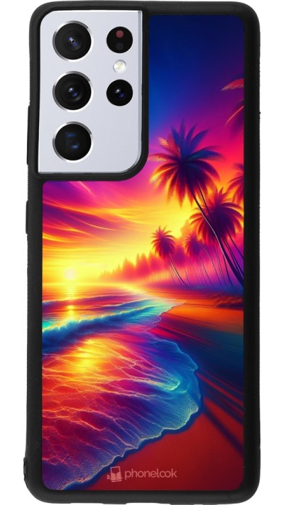 Coque Samsung Galaxy S21 Ultra 5G - Silicone rigide noir Plage coucher soleil flashy