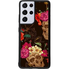 Coque Samsung Galaxy S21 Ultra 5G - Silicone rigide noir Skulls and flowers