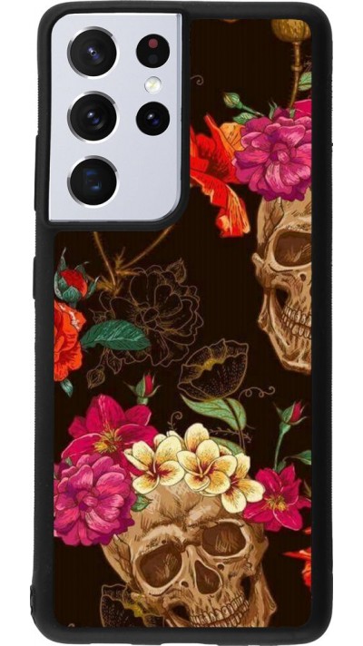 Coque Samsung Galaxy S21 Ultra 5G - Silicone rigide noir Skulls and flowers
