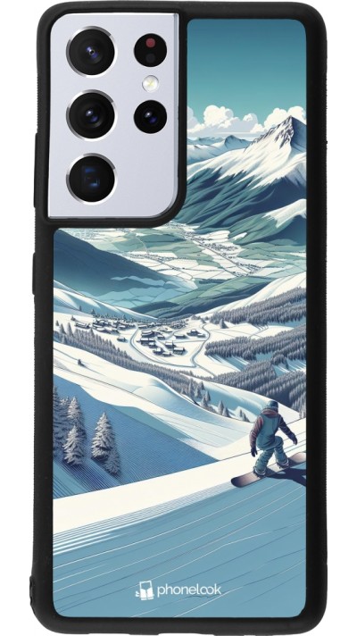 Coque Samsung Galaxy S21 Ultra 5G - Silicone rigide noir Snowboarder Montagne