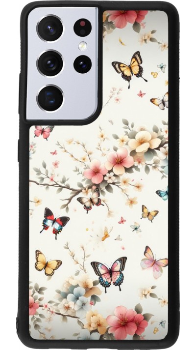 Coque Samsung Galaxy S21 Ultra 5G - Silicone rigide noir Spring 25 Papillons Légers
