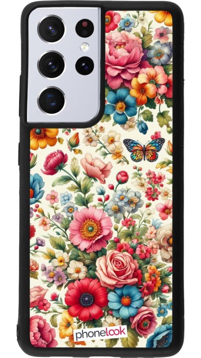 Coque Samsung Galaxy S21 Ultra 5G - Silicone rigide noir Spring 25 printemps fleuri